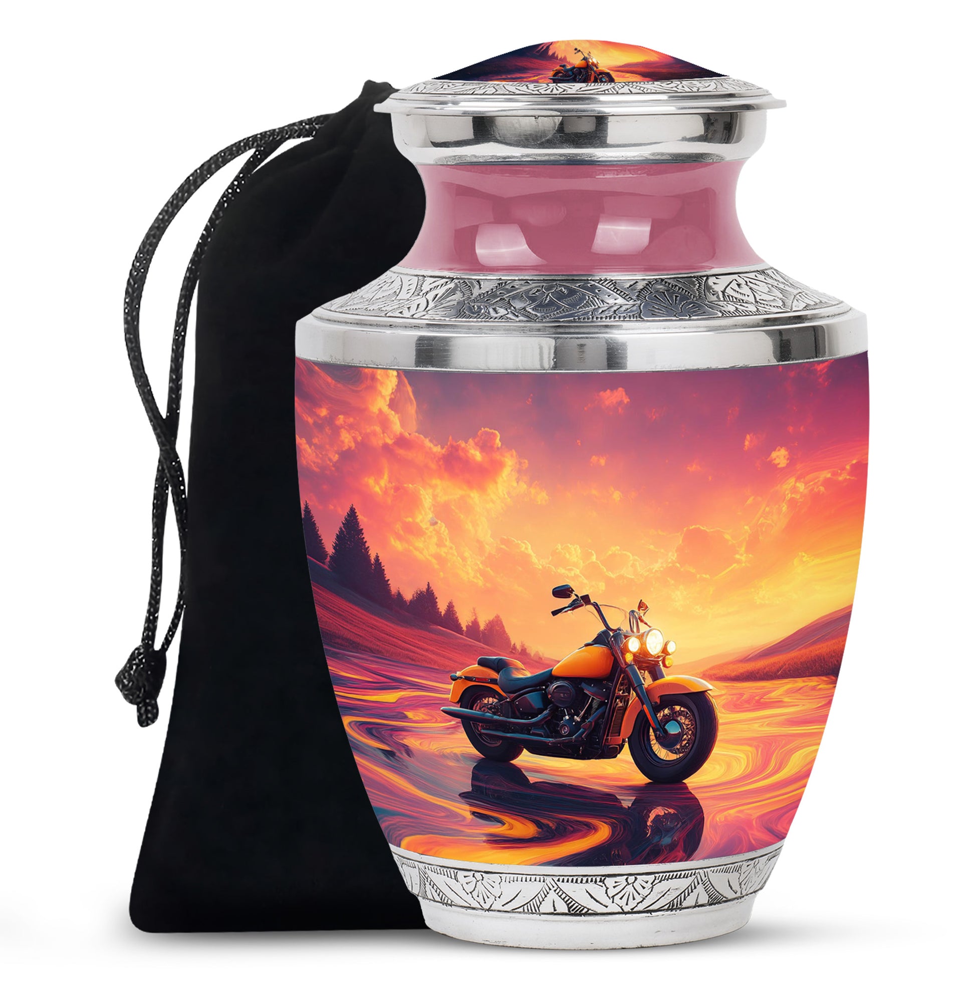 Petal Pink Bike Cremation Urn side profile showing urn shape - artistic bike interpretation with creative detail - full-size 10 inch 200 cubic inch adult cremation urn