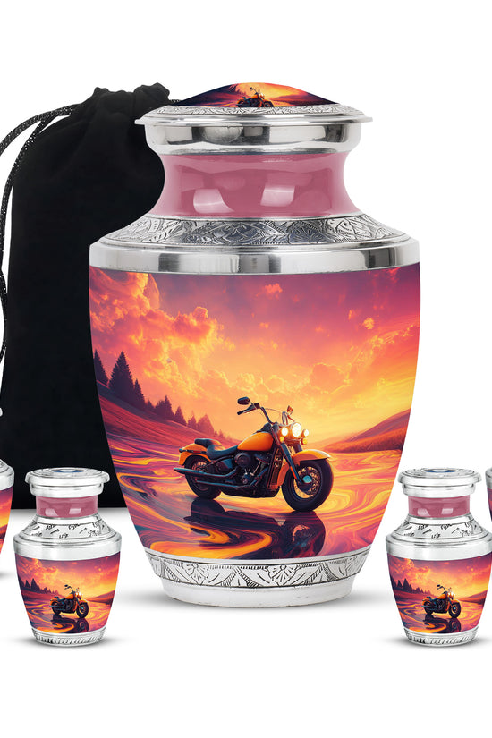 Dusty Pink Bike Cremation Urn lifestyle display on memorial shelf - artistic bike interpretation with creative detail - memorial set with one large and four small urns