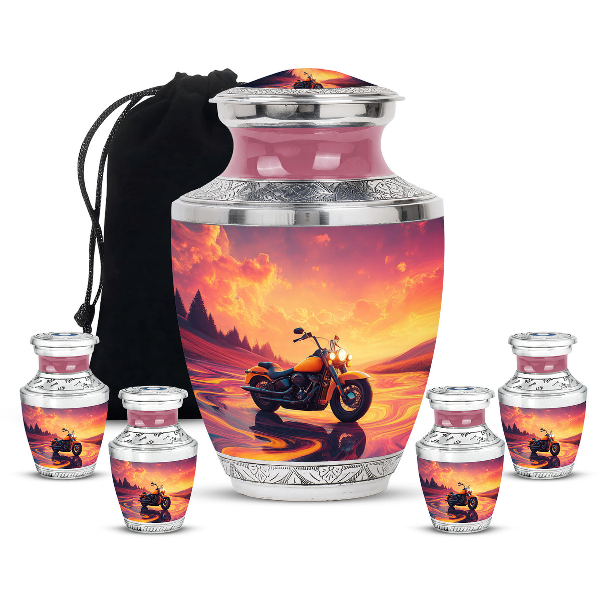 Dusty Pink Bike Cremation Urn lifestyle display on memorial shelf - artistic bike interpretation with creative detail - memorial set with one large and four small urns