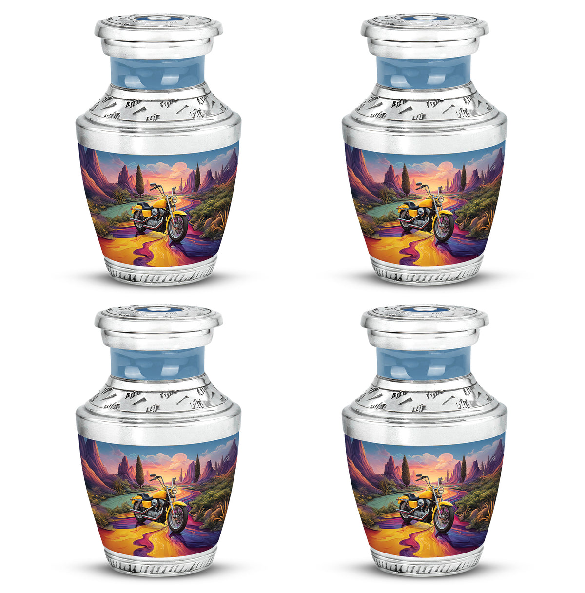 Azure Bike Cremation Urn back view with polished surface - modern art-inspired bike motif on sleek aluminum - 10 inch aluminum urn for cremated remains