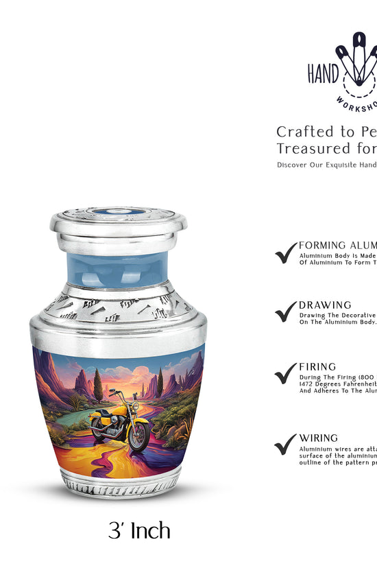 Sky Blue Bike Cremation Urn top-down view of secure threaded lid - modern art-inspired bike motif on sleek aluminum - mini keepsake memorial for portion of cremation ashes