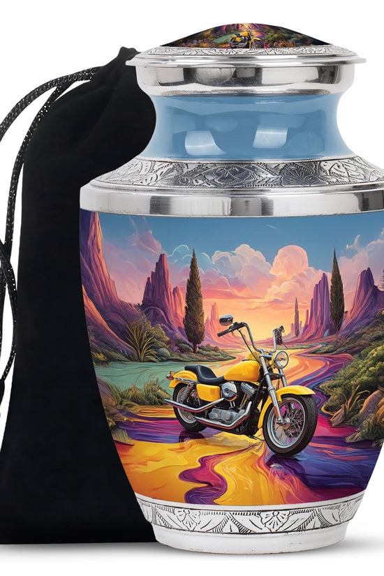 Celestial Blue Bike Cremation Urn side profile showing urn shape - contemporary bike design with modern artistic flair - full-size 10 inch 200 cubic inch adult cremation urn