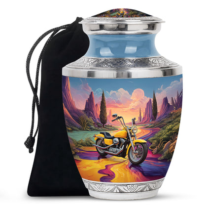 Celestial Blue Bike Cremation Urn side profile showing urn shape - contemporary bike design with modern artistic flair - full-size 10 inch 200 cubic inch adult cremation urn