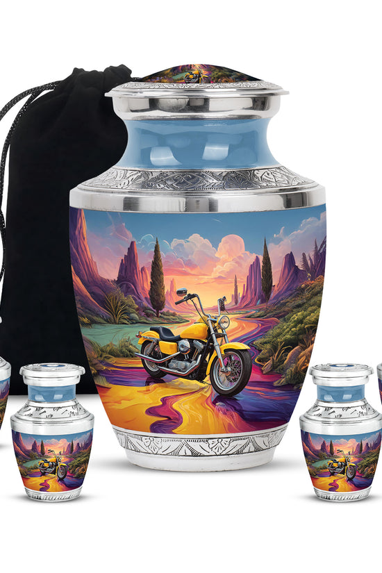 Steel Blue Bike Cremation Urn lifestyle display on memorial shelf - artistic bike interpretation with creative detail - memorial set with one large and four small urns