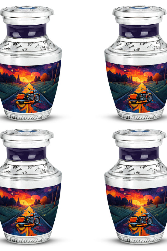 Twilight Purple Bike Cremation Urn back view with polished surface - artistic bike interpretation with creative detail - 10 inch aluminum urn for cremated remains