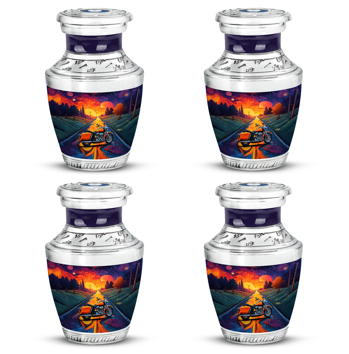 Twilight Purple Bike Cremation Urn back view with polished surface - artistic bike interpretation with creative detail - 10 inch aluminum urn for cremated remains