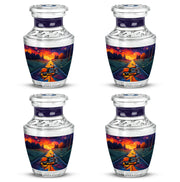 Twilight Purple Bike Cremation Urn back view with polished surface - artistic bike interpretation with creative detail - 10 inch aluminum urn for cremated remains