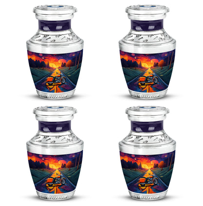 Twilight Purple Bike Cremation Urn back view with polished surface - artistic bike interpretation with creative detail - 10 inch aluminum urn for cremated remains