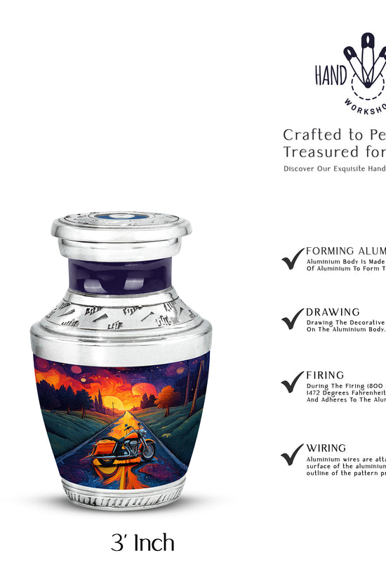 Royal Purple Bike Cremation Urn top-down view of secure threaded lid - stylized abstract bike pattern with bold lines - mini keepsake memorial for portion of cremation ashes