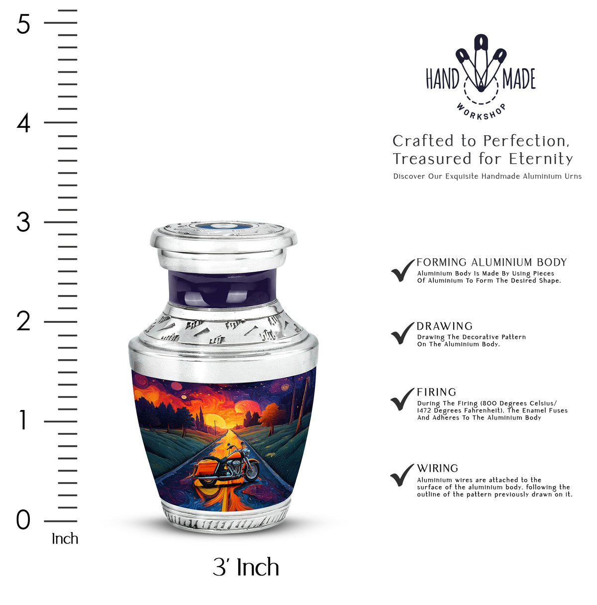 Royal Purple Bike Cremation Urn top-down view of secure threaded lid - stylized abstract bike pattern with bold lines - mini keepsake memorial for portion of cremation ashes