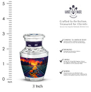 Royal Purple Bike Cremation Urn top-down view of secure threaded lid - stylized abstract bike pattern with bold lines - mini keepsake memorial for portion of cremation ashes