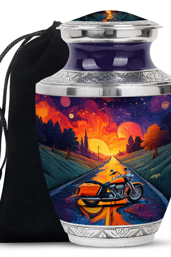 Royal Purple Bike Cremation Urn side profile showing urn shape - artistic bike interpretation with creative detail - full-size 10 inch 200 cubic inch adult cremation urn