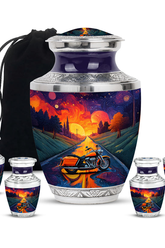 Royal Purple Bike Cremation Urn lifestyle display on memorial shelf - artistic bike interpretation with creative detail - memorial set with one large and four small urns