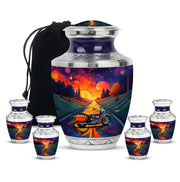 Royal Purple Bike Cremation Urn lifestyle display on memorial shelf - artistic bike interpretation with creative detail - memorial set with one large and four small urns