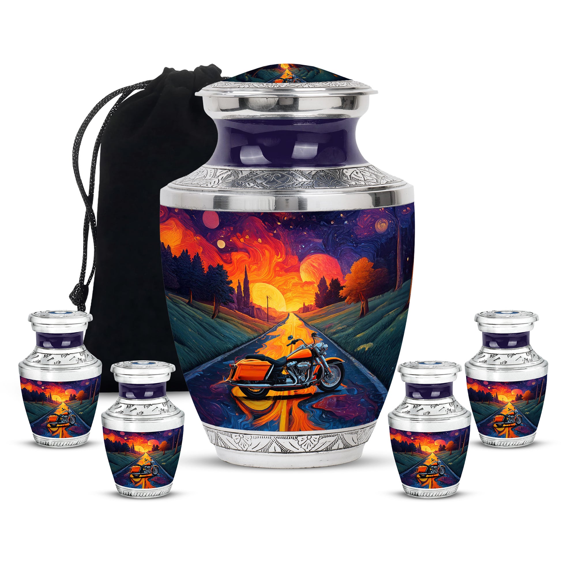 Royal Purple Bike Cremation Urn lifestyle display on memorial shelf - artistic bike interpretation with creative detail - memorial set with one large and four small urns