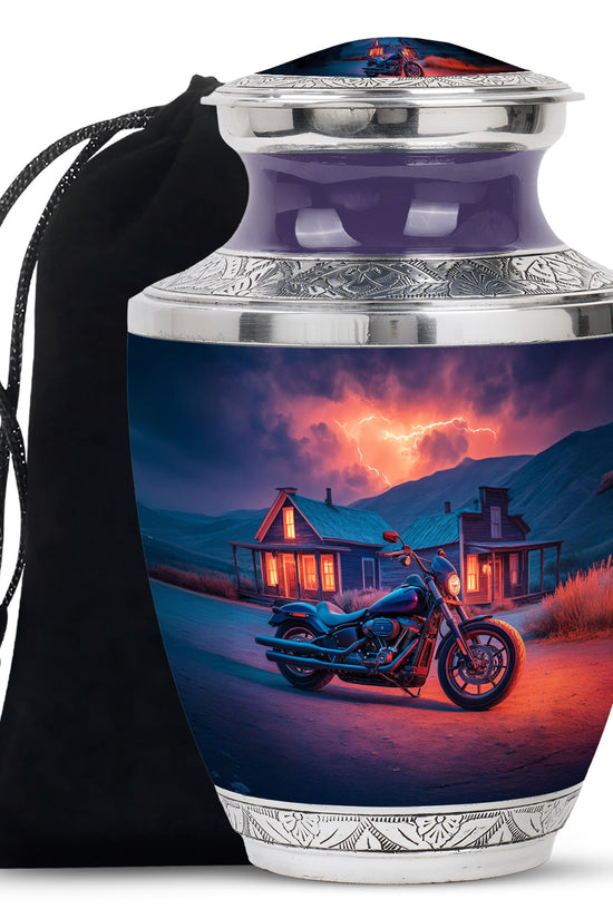 Misty Blue Bike Cremation Urn side profile showing urn shape - modern art-inspired bike motif on sleek aluminum - full-size 10 inch 200 cubic inch adult cremation urn