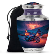 Misty Blue Bike Cremation Urn side profile showing urn shape - modern art-inspired bike motif on sleek aluminum - full-size 10 inch 200 cubic inch adult cremation urn