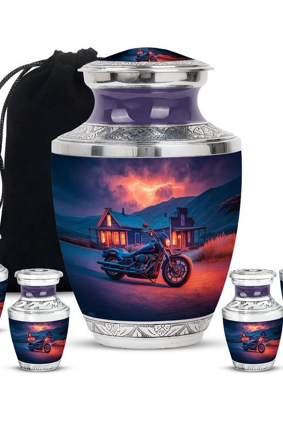 Icy Blue Bike Cremation Urn lifestyle display on memorial shelf - modern art-inspired bike motif on sleek aluminum - memorial set with one large and four small urns