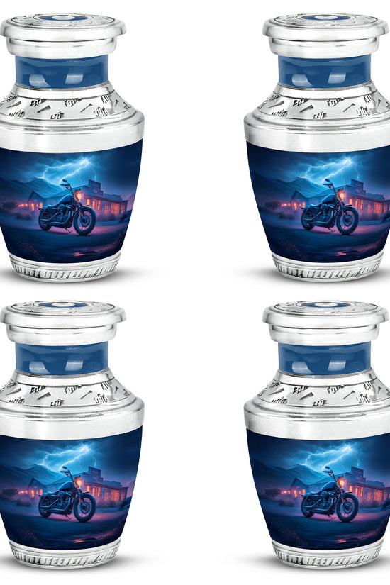 Twilight Blue Bike Cremation Urn back view with polished surface - stylized abstract bike pattern with bold lines - 10 inch aluminum urn for cremated remains