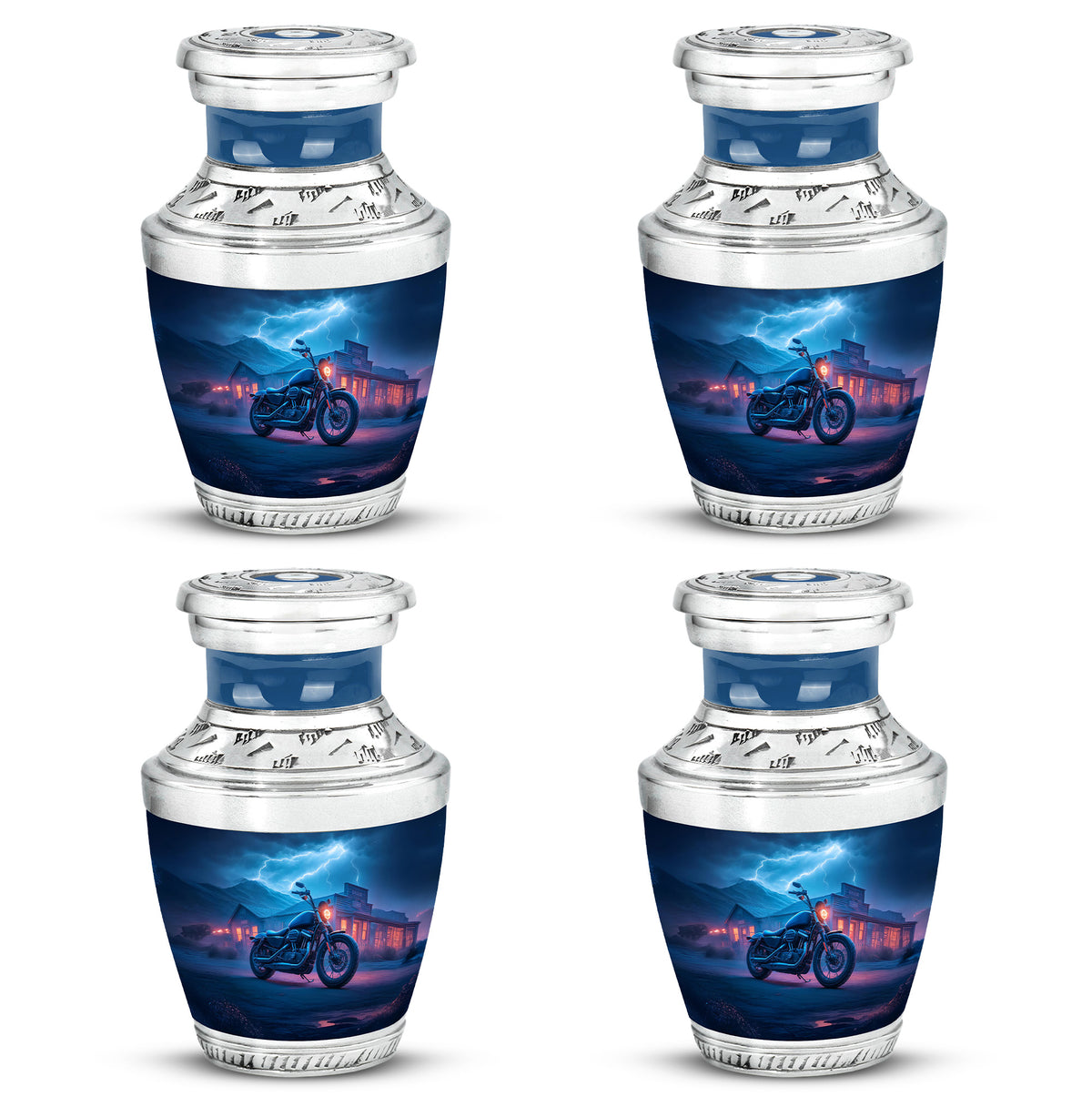 Twilight Blue Bike Cremation Urn back view with polished surface - stylized abstract bike pattern with bold lines - 10 inch aluminum urn for cremated remains