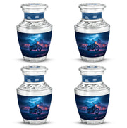 Twilight Blue Bike Cremation Urn back view with polished surface - stylized abstract bike pattern with bold lines - 10 inch aluminum urn for cremated remains