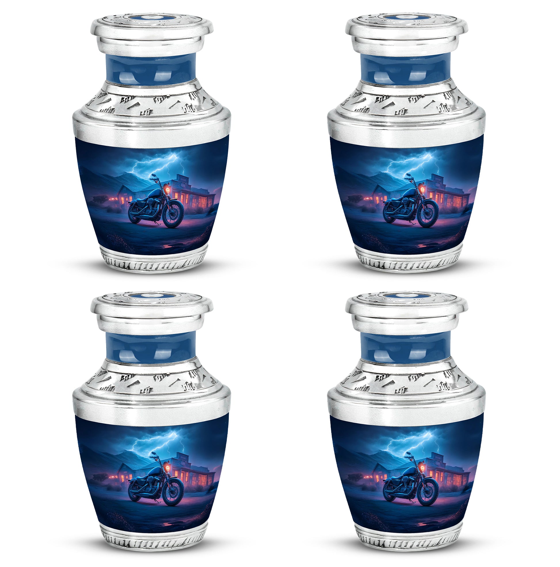 Twilight Blue Bike Cremation Urn back view with polished surface - stylized abstract bike pattern with bold lines - 10 inch aluminum urn for cremated remains
