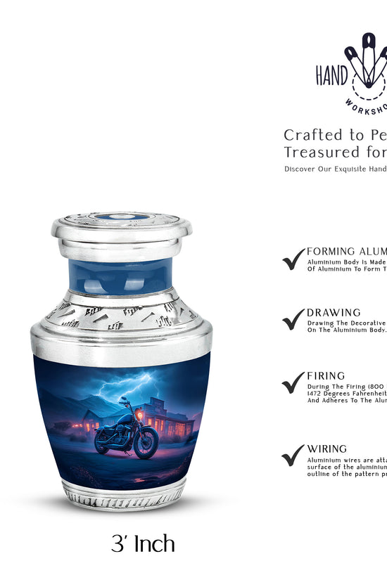 Calming Blue Bike Cremation Urn top-down view of secure threaded lid - stylized abstract bike pattern with bold lines - mini keepsake memorial for portion of cremation ashes