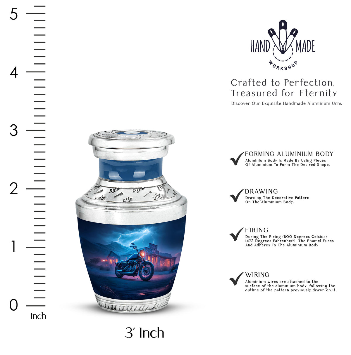 Calming Blue Bike Cremation Urn top-down view of secure threaded lid - stylized abstract bike pattern with bold lines - mini keepsake memorial for portion of cremation ashes