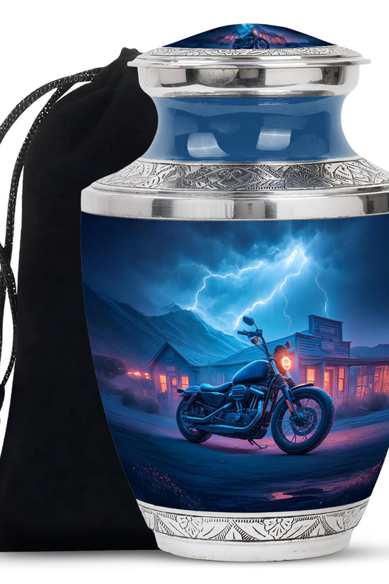 Icy Blue Bike Cremation Urn side profile showing urn shape - contemporary bike design with modern artistic flair - full-size 10 inch 200 cubic inch adult cremation urn