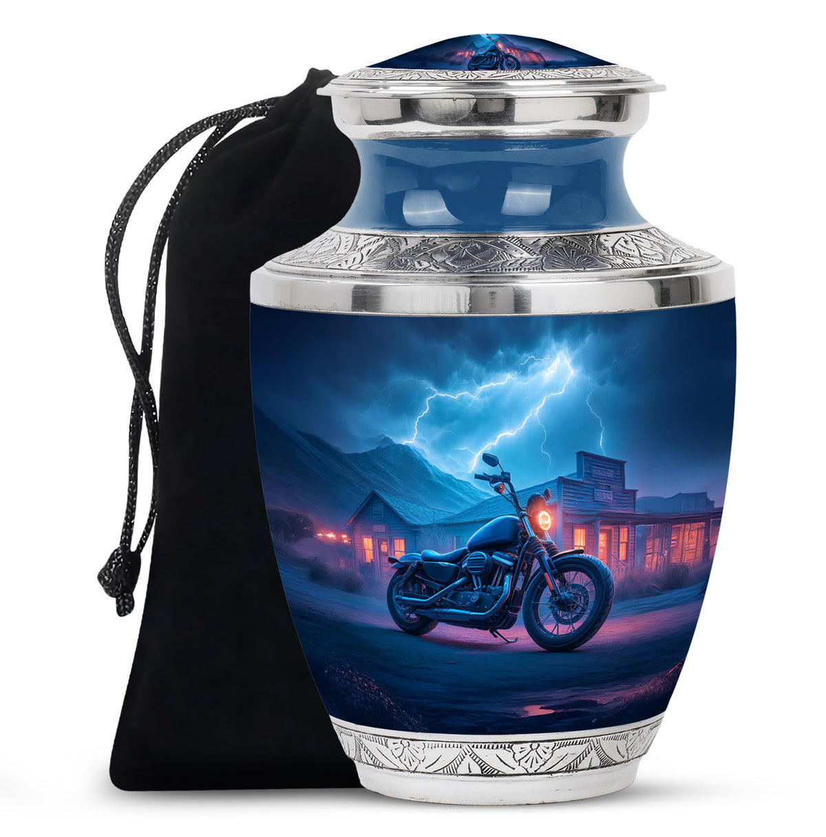 Icy Blue Bike Cremation Urn side profile showing urn shape - contemporary bike design with modern artistic flair - full-size 10 inch 200 cubic inch adult cremation urn