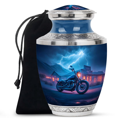 Icy Blue Bike Cremation Urn side profile showing urn shape - contemporary bike design with modern artistic flair - full-size 10 inch 200 cubic inch adult cremation urn