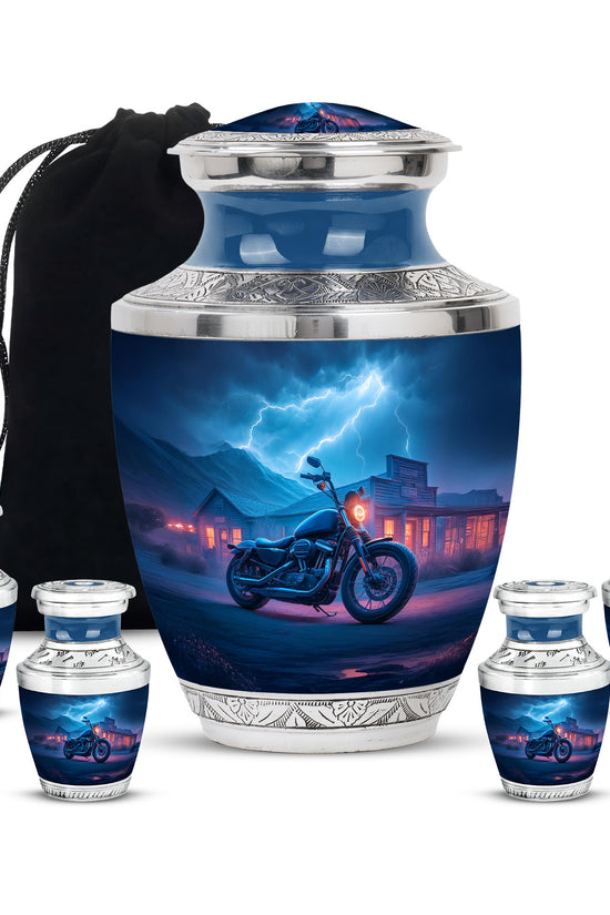 Cobalt Blue Bike Cremation Urn lifestyle display on memorial shelf - artistic bike interpretation with creative detail - memorial set with one large and four small urns