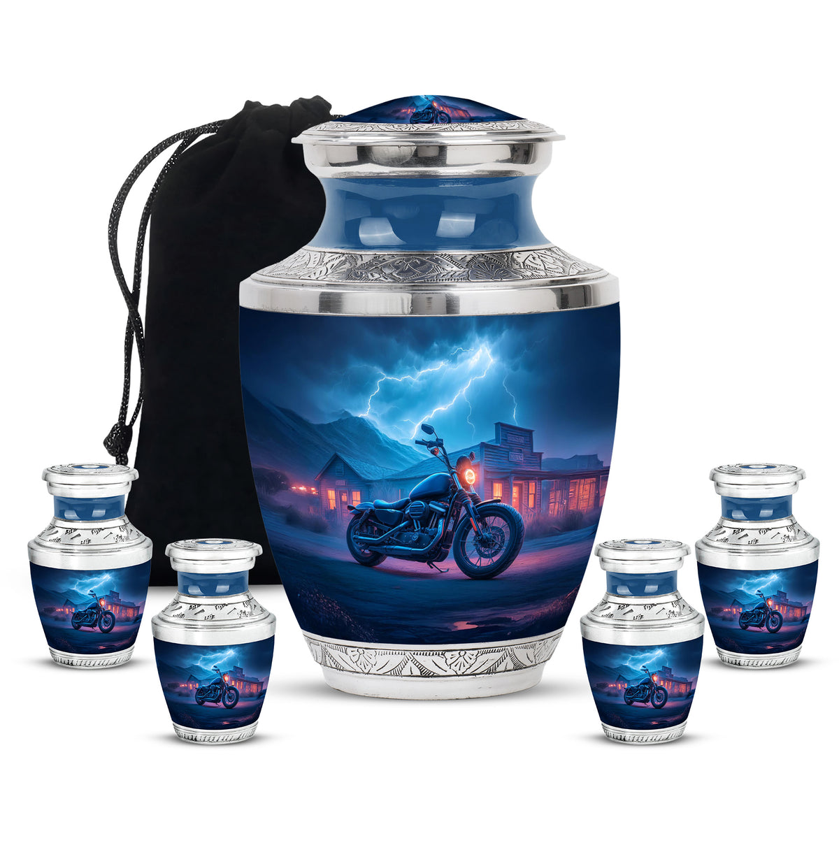 Cobalt Blue Bike Cremation Urn lifestyle display on memorial shelf - artistic bike interpretation with creative detail - memorial set with one large and four small urns