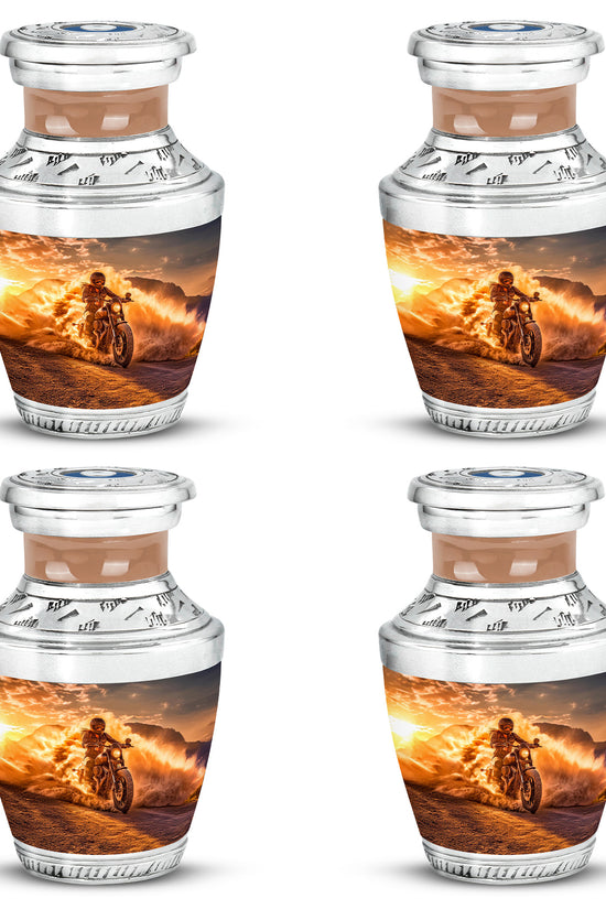 Amber Gold Bike Cremation Urn back view with polished surface - contemporary bike design with modern artistic flair - 10 inch aluminum urn for cremated remains