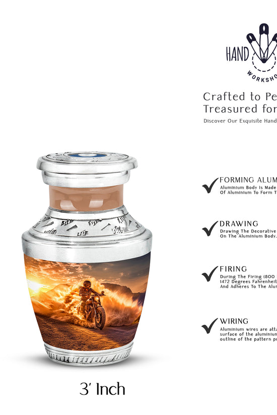 Warm Gold Bike Cremation Urn top-down view of secure threaded lid - stylized abstract bike pattern with bold lines - mini keepsake memorial for portion of cremation ashes