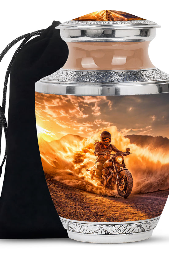Champagne Gold Bike Cremation Urn side profile showing urn shape - contemporary bike design with modern artistic flair - full-size 10 inch 200 cubic inch adult cremation urn