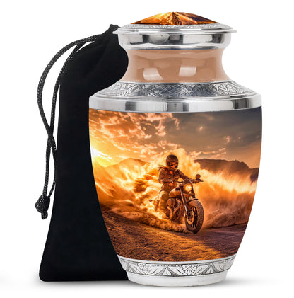 Champagne Gold Bike Cremation Urn side profile showing urn shape - contemporary bike design with modern artistic flair - full-size 10 inch 200 cubic inch adult cremation urn