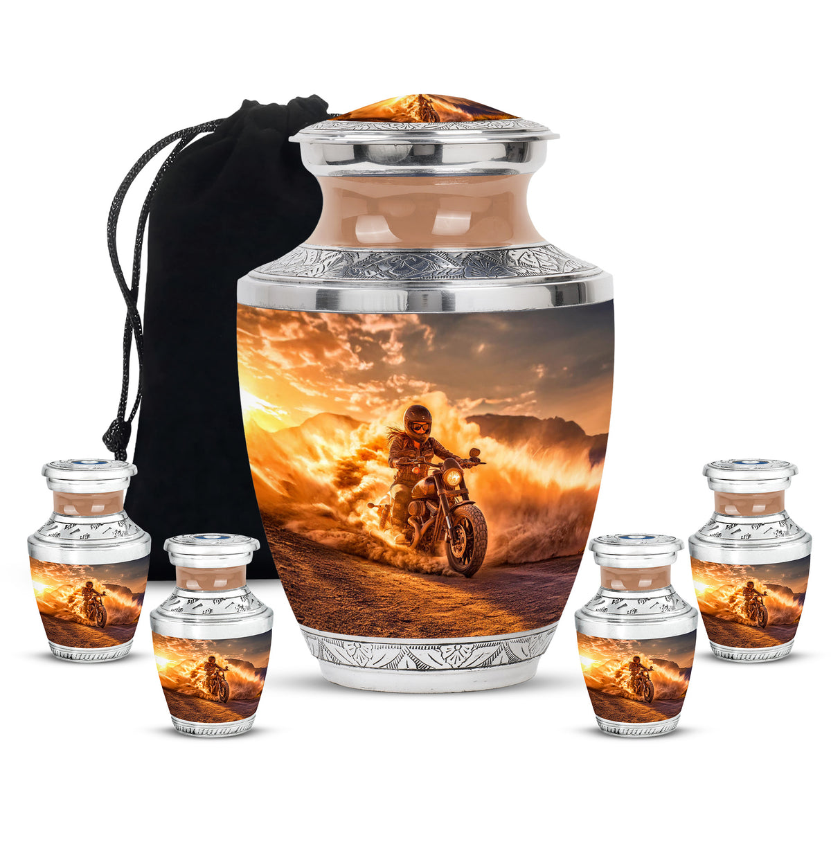 Warm Gold Bike Cremation Urn lifestyle display on memorial shelf - stylized abstract bike pattern with bold lines - memorial set with one large and four small urns