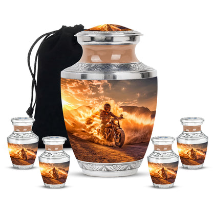 Warm Gold Bike Cremation Urn lifestyle display on memorial shelf - stylized abstract bike pattern with bold lines - memorial set with one large and four small urns