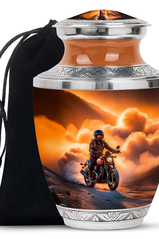 Warm Gold Bike Cremation Urn side profile showing urn shape - stylized abstract bike pattern with bold lines - full-size 10 inch 200 cubic inch adult cremation urn