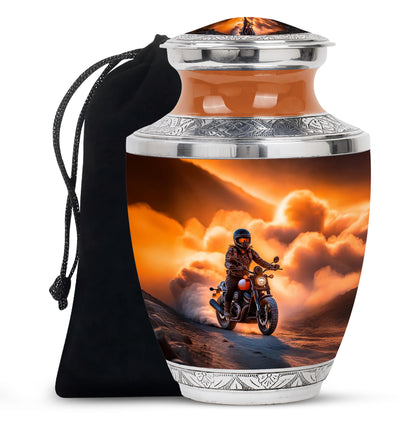 Warm Gold Bike Cremation Urn side profile showing urn shape - stylized abstract bike pattern with bold lines - full-size 10 inch 200 cubic inch adult cremation urn