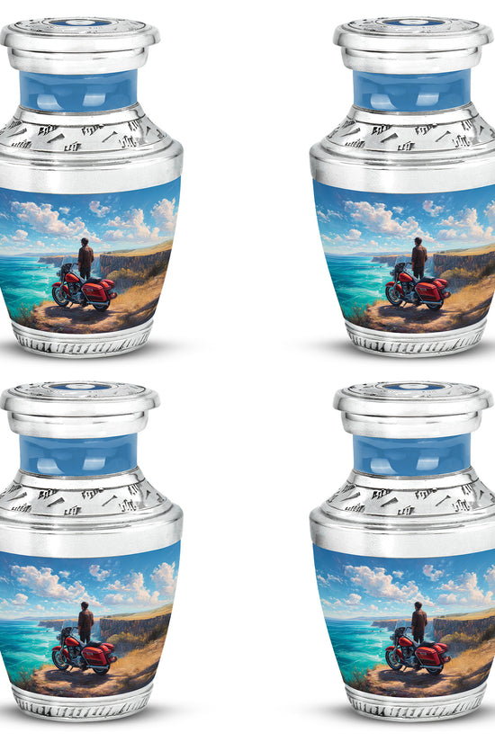 Sky Blue Bike Cremation Urn back view with polished surface - contemporary bike design with modern artistic flair - 10 inch aluminum urn for cremated remains