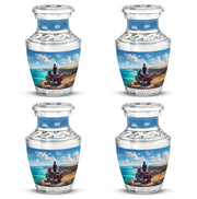 Sky Blue Bike Cremation Urn back view with polished surface - contemporary bike design with modern artistic flair - 10 inch aluminum urn for cremated remains