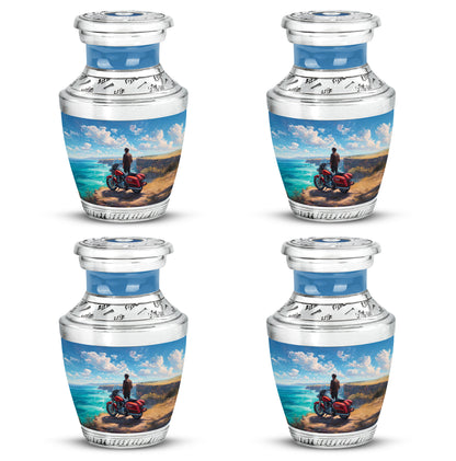 Sky Blue Bike Cremation Urn back view with polished surface - contemporary bike design with modern artistic flair - 10 inch aluminum urn for cremated remains