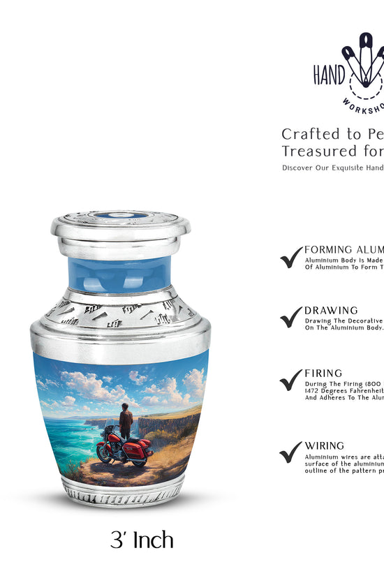 Navy Blue Bike Cremation Urn top-down view of secure threaded lid - modern art-inspired bike motif on sleek aluminum - mini keepsake memorial for portion of cremation ashes