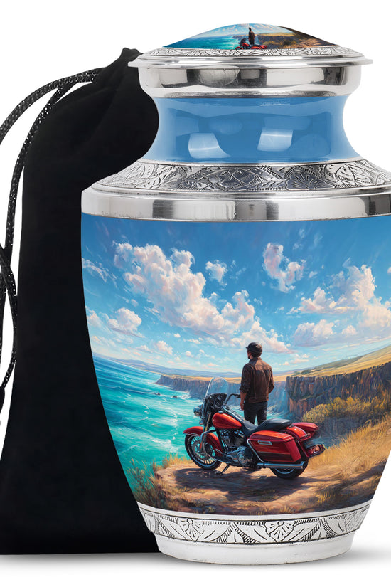 Pastel Blue Bike Cremation Urn side profile showing urn shape - modern art-inspired bike motif on sleek aluminum - full-size 10 inch 200 cubic inch adult cremation urn
