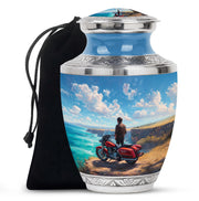Pastel Blue Bike Cremation Urn side profile showing urn shape - modern art-inspired bike motif on sleek aluminum - full-size 10 inch 200 cubic inch adult cremation urn