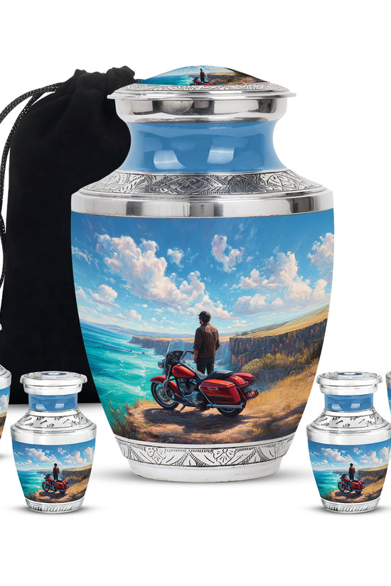 Celestial Blue Bike Cremation Urn lifestyle display on memorial shelf - contemporary bike design with modern artistic flair - memorial set with one large and four small urns