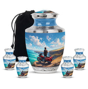 Celestial Blue Bike Cremation Urn lifestyle display on memorial shelf - contemporary bike design with modern artistic flair - memorial set with one large and four small urns