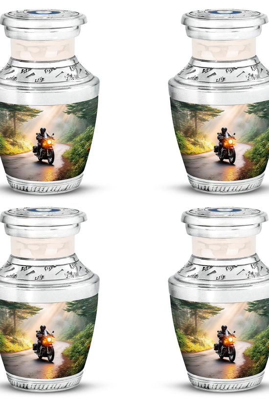 Sunrise Gold Bike Cremation Urn back view with polished surface - modern art-inspired bike motif on sleek aluminum - 10 inch aluminum urn for cremated remains